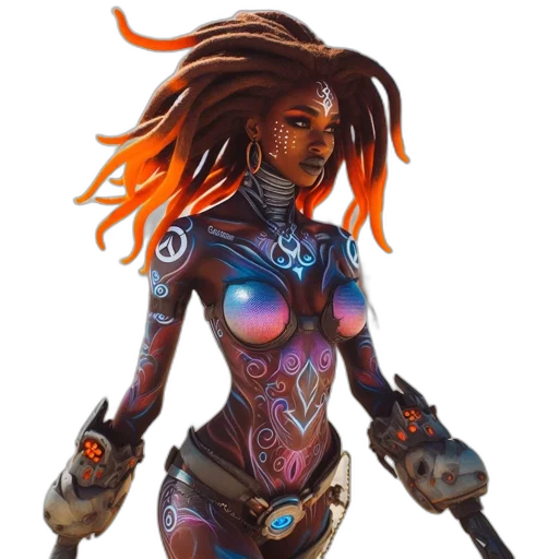 robot, concept art, fantasy art, cyberpunk, comic book art, dark, woman, orange-red transparent PNG cut-out