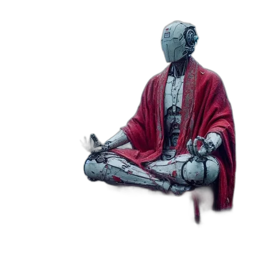 staff, 3d render, concept art, photorealistic, meditating, robot, red, robe transparent PNG cut-out