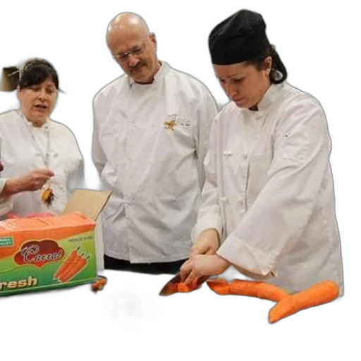 staff, chef, white, coat, cutting, carrots, board, while transparent PNG cut-out