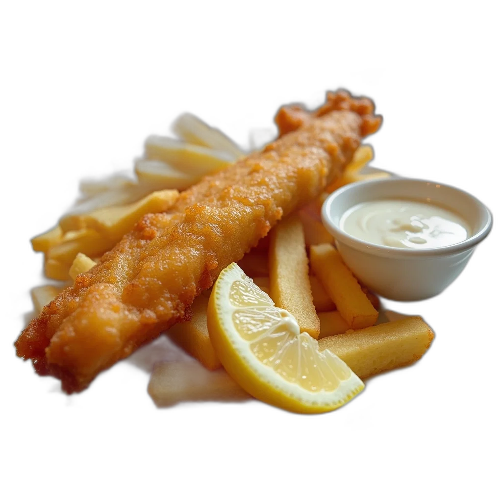 food, photorealistic, 3d render, plate, fish, chips, side, tartar transparent PNG cut-out