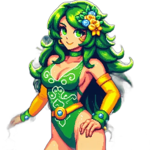 dress, flower, pixel art, fantasy art, concept art, anime, green, colorful transparent PNG cut-out