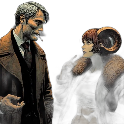 jacket, comic book art, concept art, fantasy art, fog, snow, two, individuals transparent PNG cut-out