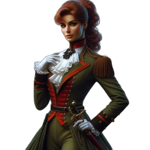 staff, jacket, concept art, fantasy art, pixel art, photorealistic, woman, military-style transparent PNG cut-out