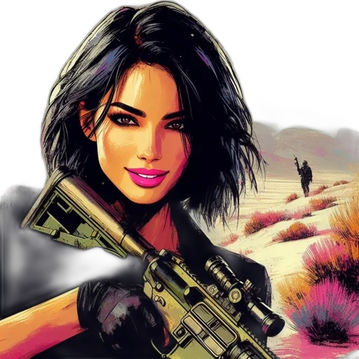 weapon, comic book art, photorealistic, concept art, cartoon, female, character, short transparent PNG cut-out