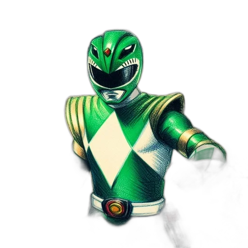 robot, mask, staff, weapon, 3d render, concept art, comic book art, green transparent PNG cut-out