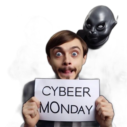 robot, man, suit, sits, office, holding, sign, reads transparent PNG cut-out