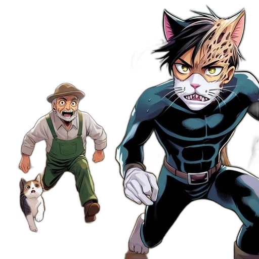 animal, comic book art, concept art, anime, cartoon, elderly, farmer, pursued transparent PNG cut-out