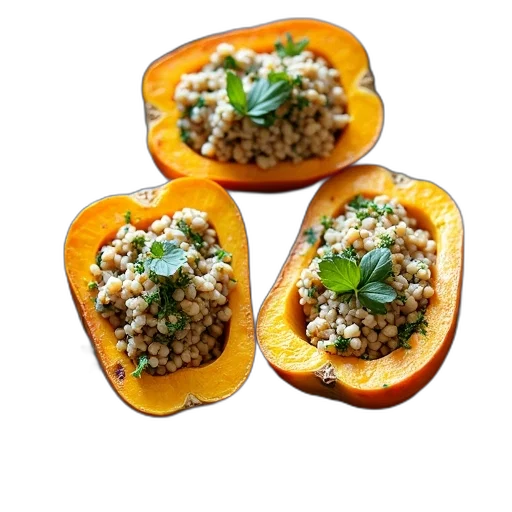 food, plate, three, roasted, butternut, squash, halves, filled transparent PNG cut-out