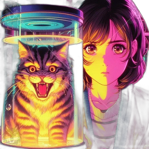 vaporwave, anime, photorealistic, cyberpunk, neon lights, outer space, fire, neon transparent PNG cut-out