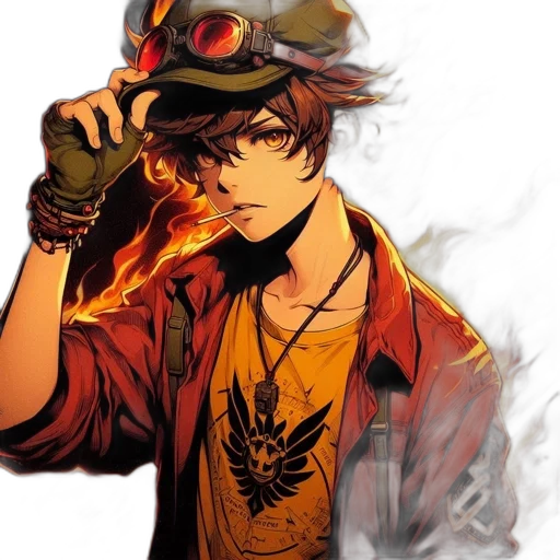 hat, staff, concept art, anime, fantasy art, comic book art, fire, golden transparent PNG cut-out