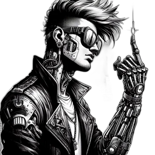 jacket, robot, cyberpunk, comic book art, cartoon, concept art, futuristic, character transparent PNG cut-out