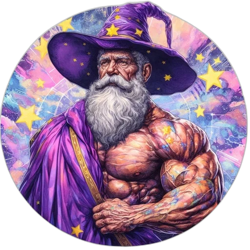 hat, fantasy art, pixel art, concept art, comic book art, muscular, wizard, flowing transparent PNG cut-out
