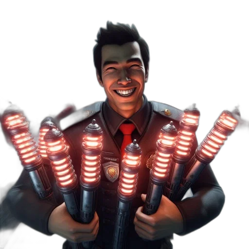 staff, weapon, jacket, robot, concept art, 3d render, comic book art, cyberpunk transparent PNG cut-out
