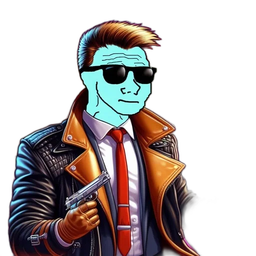 jacket, staff, cartoon, vaporwave, comic book art, pixel art, blue, cyberpunk-inspired transparent PNG cut-out