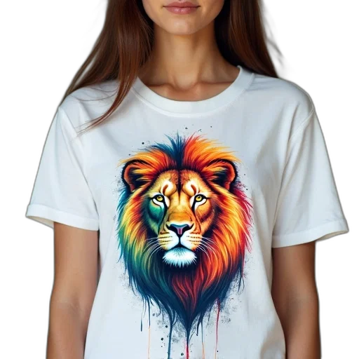 photorealistic, fantasy art, colorful, woman, wearing, white, t-shirt, abstract transparent PNG cut-out