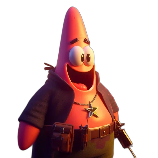 weapon, jacket, hat, animal, concept art, 3d render, scene, patrick transparent PNG cut-out