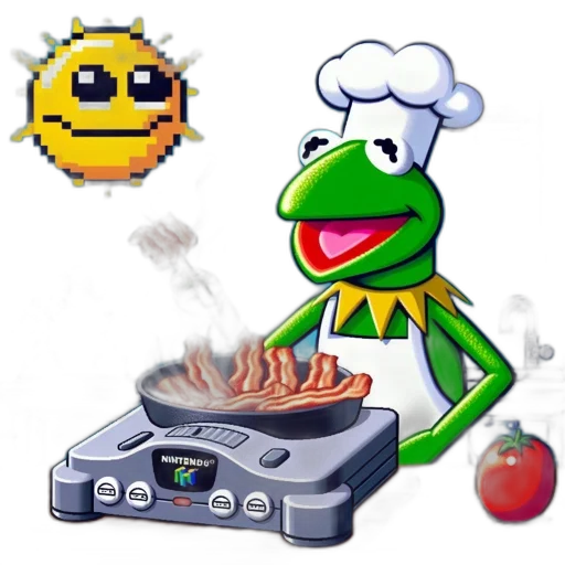 food, robot, pixel art, 3d render, concept art, vaporwave, fire, green transparent PNG cut-out