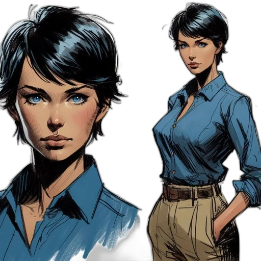 comic book art, concept art, cartoon, blue, earth tones, female, character, dark transparent PNG cut-out