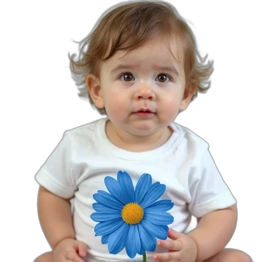 flower, face, dress, photorealistic, oil painting, 3d render, blue, toddler transparent PNG cut-out