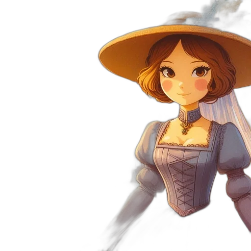 hat, dress, staff, flower, fantasy art, watercolor, anime, oil painting transparent PNG cut-out