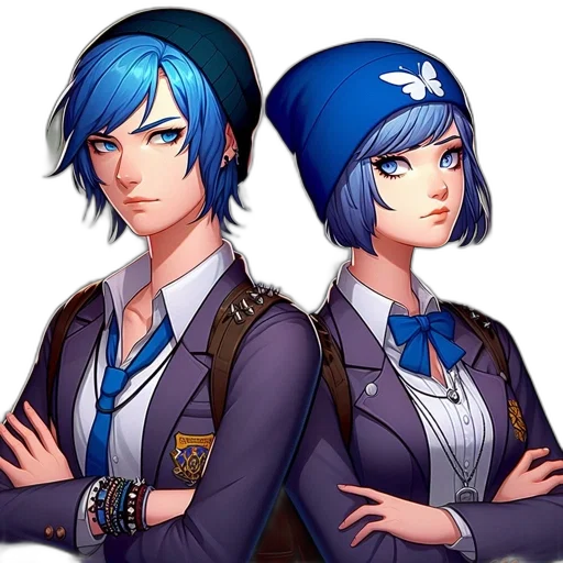 staff, concept art, pixel art, anime, cartoon, blue, two, characters transparent PNG cut-out