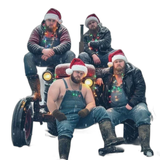 concept art, four, men, santa, hats, gather, around, festive transparent PNG cut-out