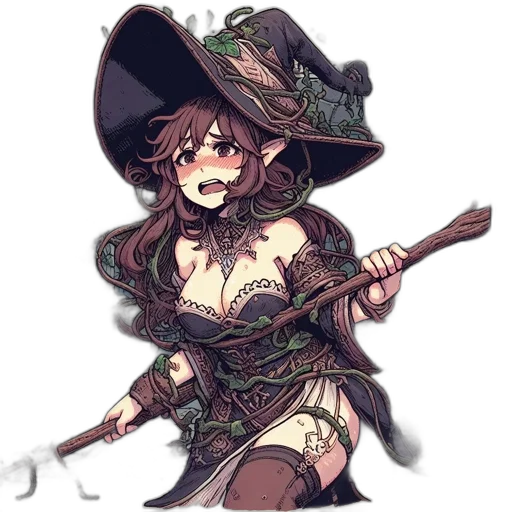 weapon, staff, hat, fantasy art, pixel art, concept art, anime, dark transparent PNG cut-out