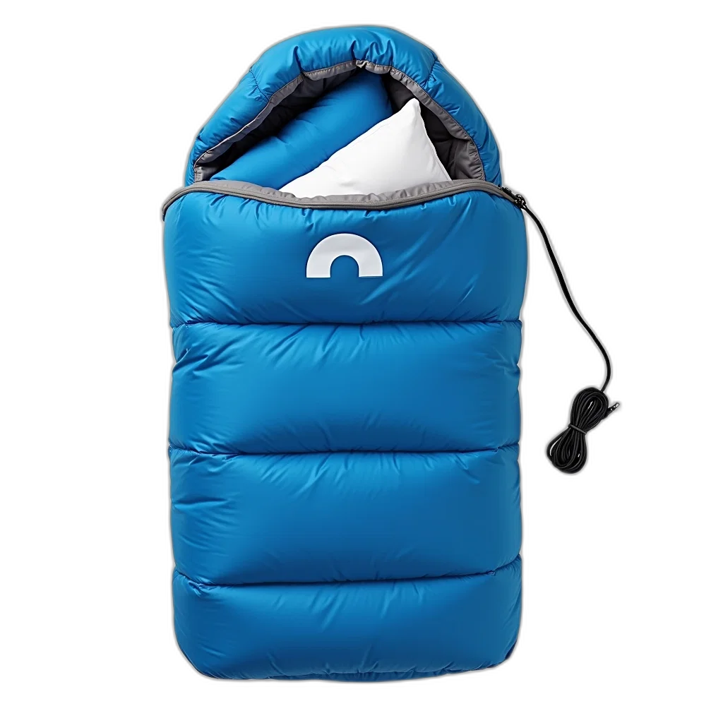 jacket, blue, sleeping, bag, white, logo, front, laid transparent PNG cut-out