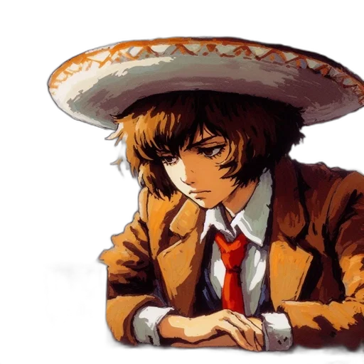 hat, umbrella, jacket, staff, pixel art, concept art, anime, watercolor transparent PNG cut-out