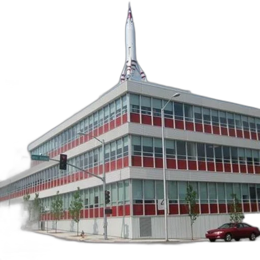 building, 3d render, concept art, photorealistic, modern, red, accents, features transparent PNG cut-out