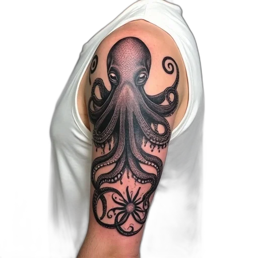 photorealistic, fantasy art, concept art, tattoo, large, detailed, octopus, swirling transparent PNG cut-out