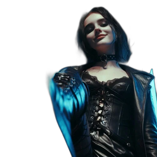jacket, cyberpunk, concept art, 3d render, blue, woman, adorned, gothic transparent PNG cut-out