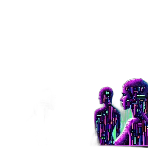 robot, staff, umbrella, vaporwave, cyberpunk, pixel art, 3d render, neon lights transparent PNG cut-out