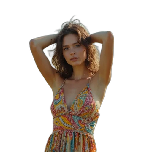 dress, jewelry, jacket, hair, photorealistic, oil painting, beach, colorful transparent PNG cut-out