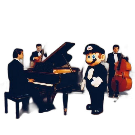 concept art, pixel art, cartoon, 3d render, opulent, setting, pianist, tuxedo transparent PNG cut-out
