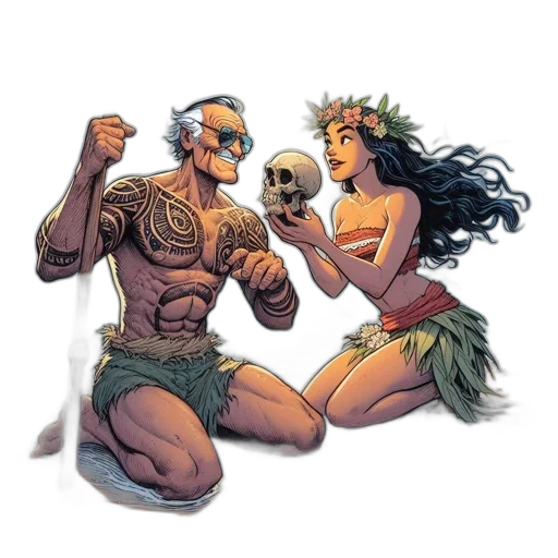 comic book art, concept art, fantasy art, underwater, muscular, man, tattoos, woman transparent PNG cut-out