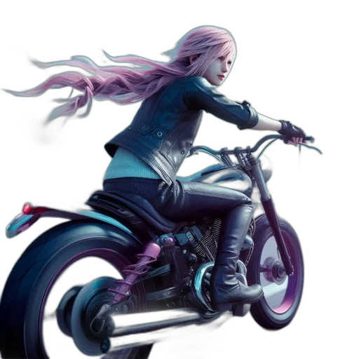 jacket, concept art, comic book art, fantasy art, photorealistic, pastel, woman, rides transparent PNG cut-out