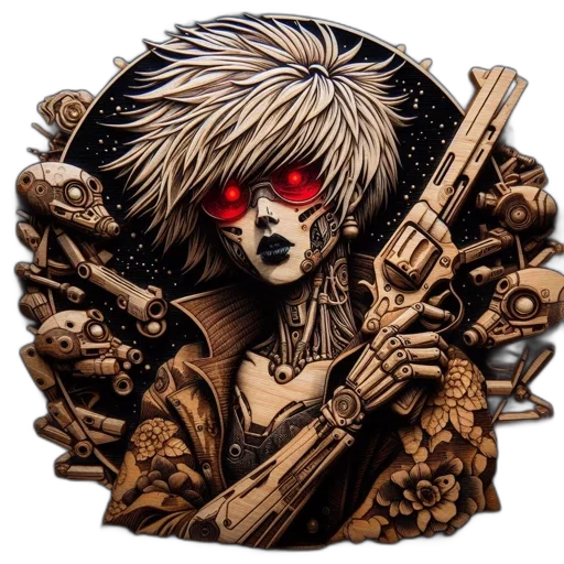 jacket, weapon, comic book art, cyberpunk, concept art, fantasy art, artistic, rendering transparent PNG cut-out