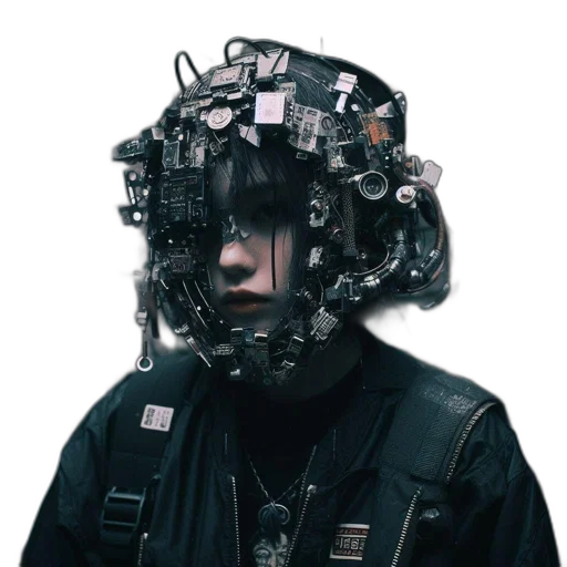 mask, jacket, face, robot, cyberpunk, concept art, 3d render, photorealistic transparent PNG cut-out