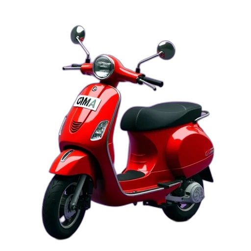 3d render, photorealistic, concept art, red, moped, black, seat, license transparent PNG cut-out