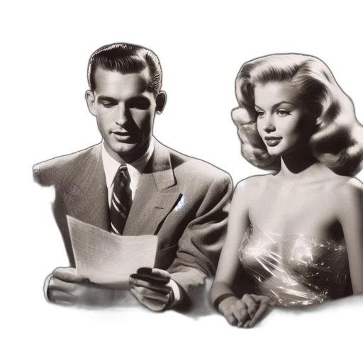 photorealistic, man, woman, vintage, attire, sit, dimly, lit transparent PNG cut-out