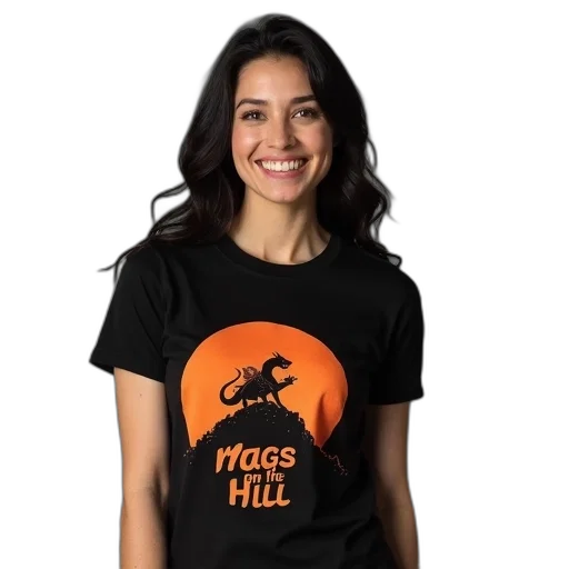 woman, wearing, black, t-shirt, large, orange, graphic, dragon transparent PNG cut-out