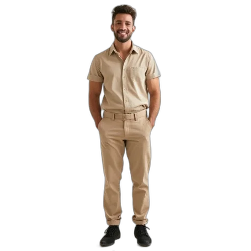 jacket, staff, earth tones, man, standing, his, hands, sides transparent PNG cut-out