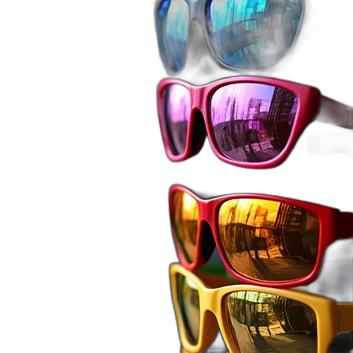 3d render, neon, colorful, variety, sunglasses, displayed, rack, top transparent PNG cut-out