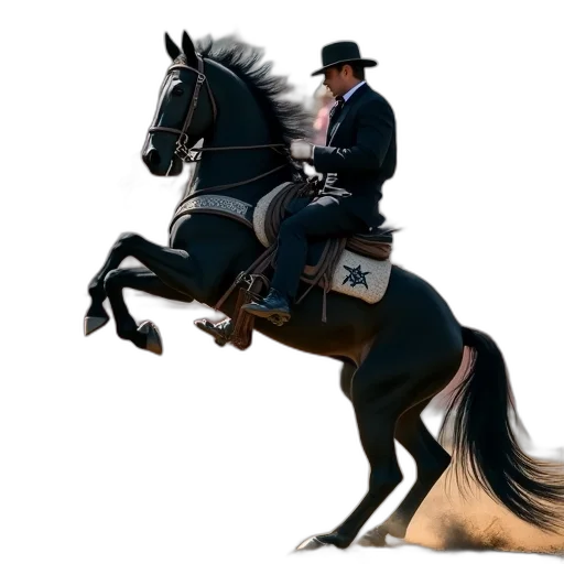 hat, animal, photorealistic, concept art, man, black, suit, riding transparent PNG cut-out