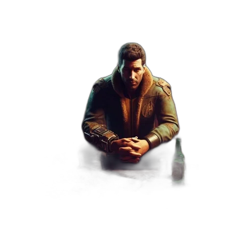 jacket, weapon, face, creature, concept art, pixel art, 3d render, photorealistic transparent PNG cut-out