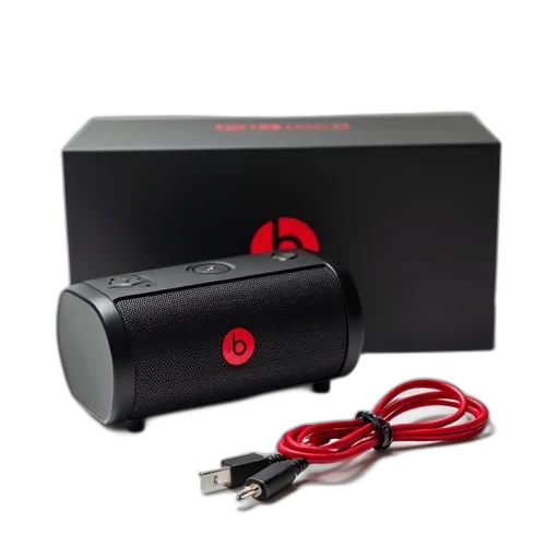 black, portable, speaker, red, logo, front, placed, white transparent PNG cut-out