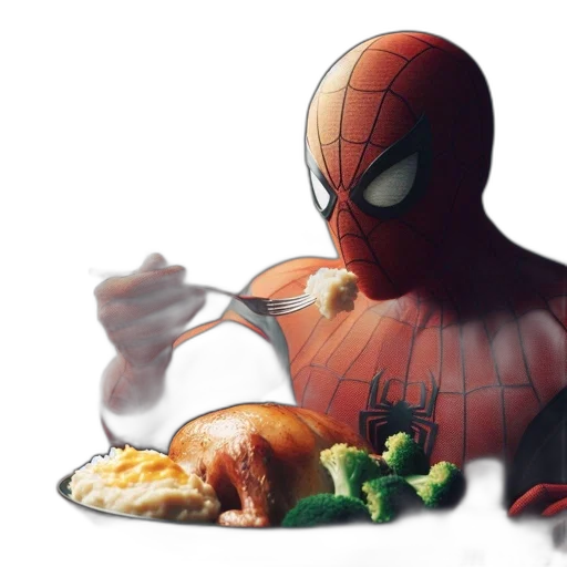 food, concept art, comic book art, 3d render, photorealistic, spider-man, costume, sits transparent PNG cut-out