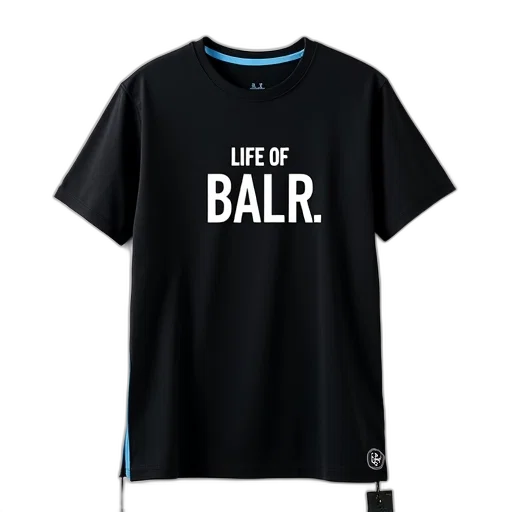 black, t-shirt, text, life, balr, front, displayed, against transparent PNG cut-out