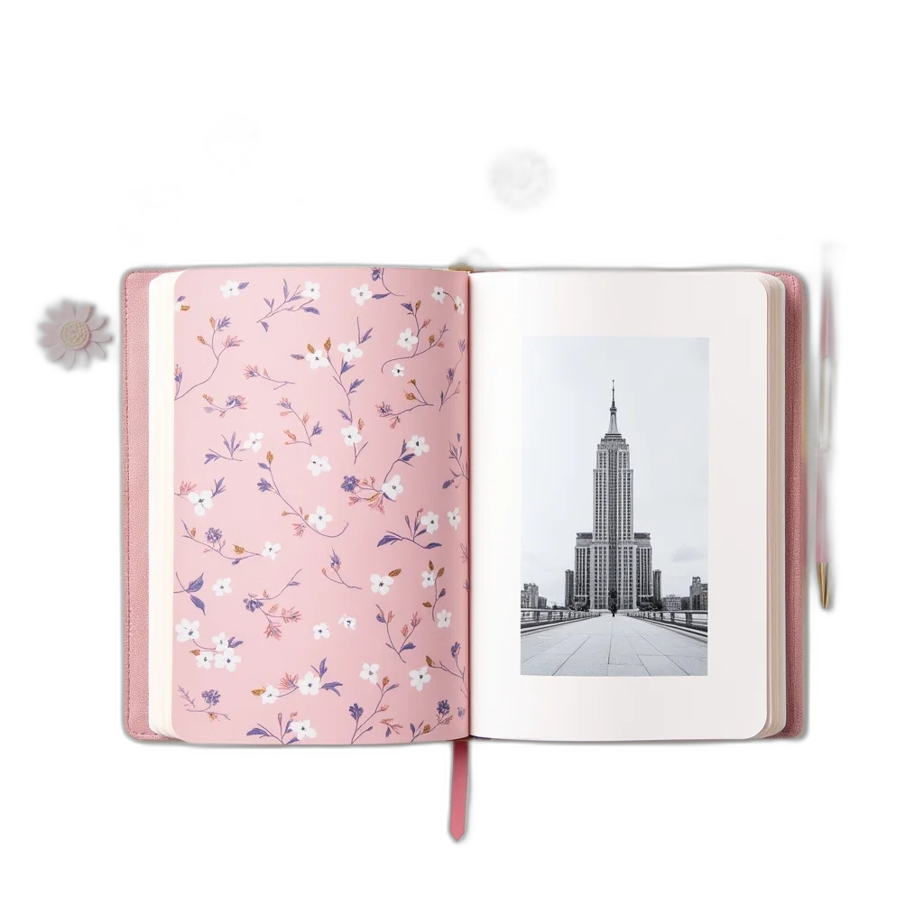 pastel, pink, notebook, floral, design, cover, open, white transparent PNG cut-out